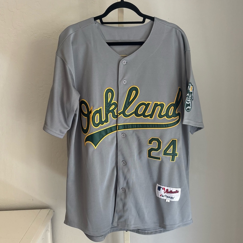 Oakland A’s #24 Rickey Henderson Gray Button Up Baseball Jersey,. Large